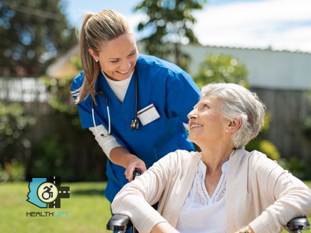 A Nurse Assisting a Senior Patient in a Wheelchair, Representing Reliable NEMT Arizona Services Focused on Safety and Care