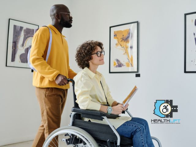 Wheelchair User Admiring Modern Art in an Accessible Gallery, Ideal For Couples Dating A Disabled Partner