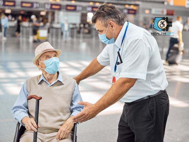 Airline Worker Assisting a Disabled Man in a Wheelchair at the Airport, Ensuring a Smooth Travel Experience for Those Seeking Senior Mobility-Friendly Vacations